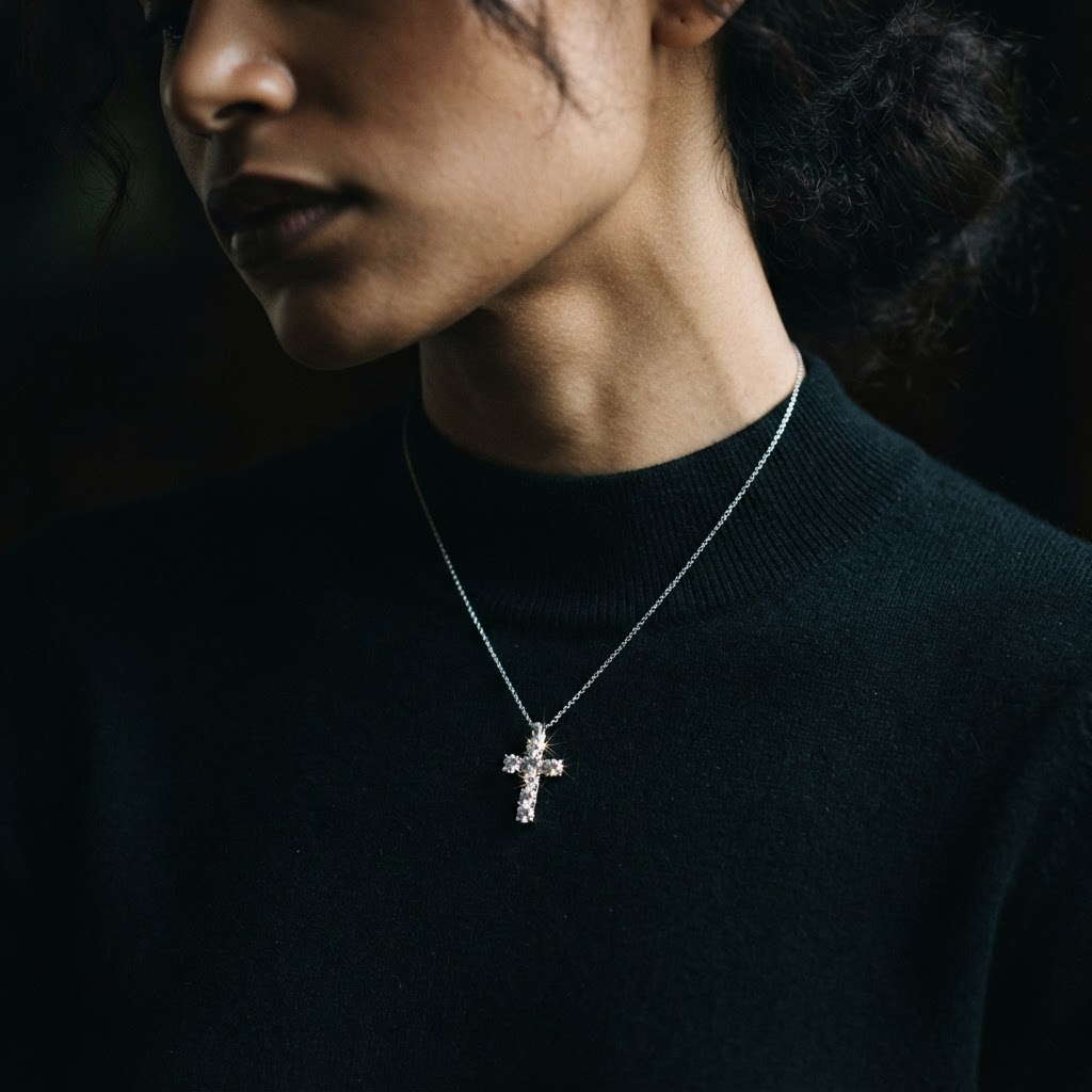 Pendentif croix en moissanite sur une chaîne fine